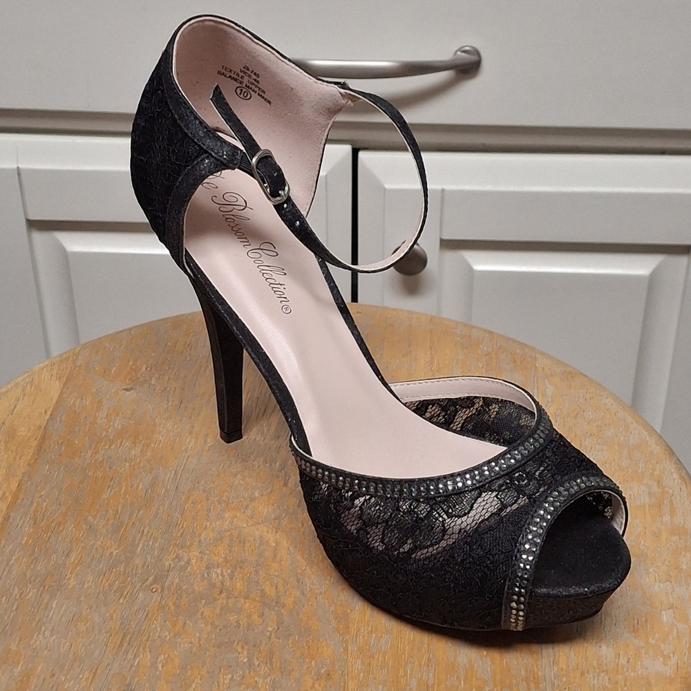 De Blossom Collection Black Lace Ankle Strap Heels